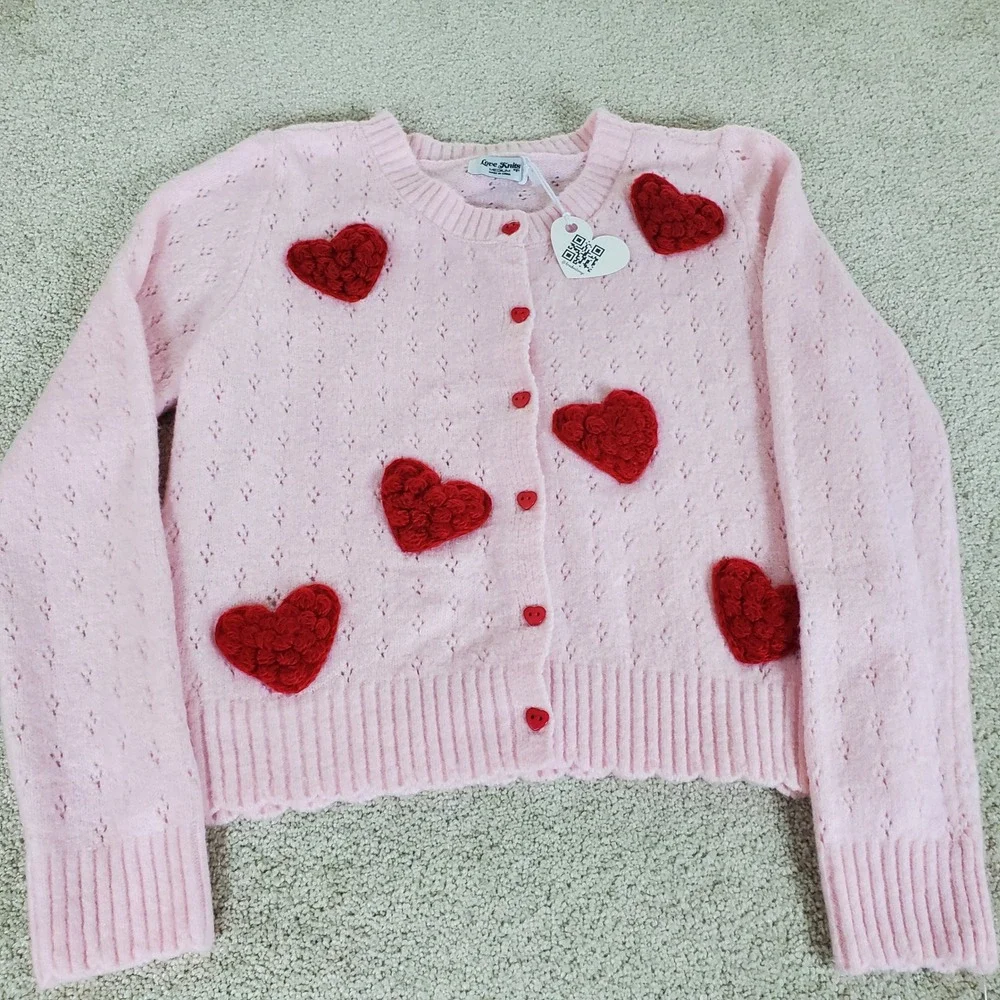 Love Knits Cardigan Girls Medium Pink Heart Applique Pointelle Knit Sweater NWTG